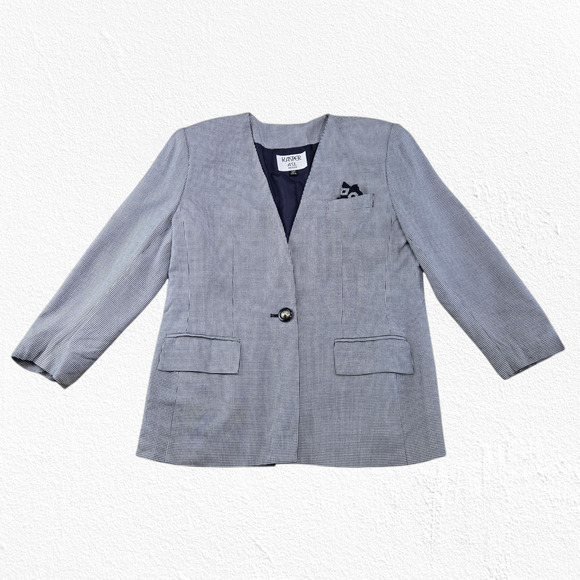 90s Vintage Navy White Houndstooth Kasper Single Button Blazer Jacket Size 12P - Picture 8 of 11